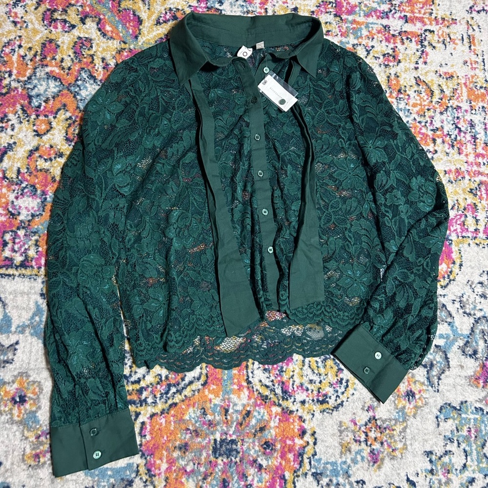 Anthropologie | Dolan NWT Green Lace Button Up with Bow Size Large